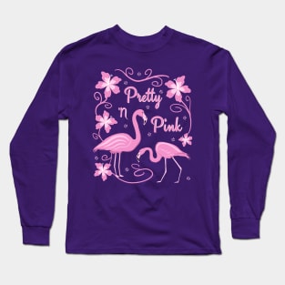 Pink Flamingos with Tropical Flower Decorations Long Sleeve T-Shirt